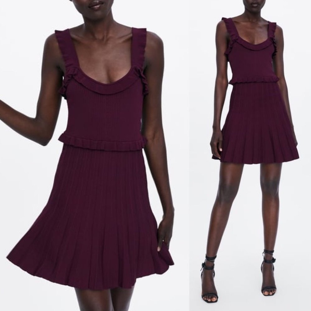 Zara Knitted Sweater Ruffle Mini Dress Pleated S